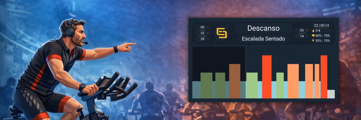 Ilustración de un instructor de ciclo indoor señalando una gráfica creada con Evolution Cycling